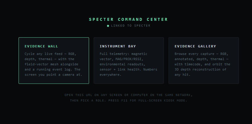 SPECTER Command Center role picker: open the URL on any screen and choose Evidence Wall, Instrument Bay, or Evidence Gallery, then press F11 for full-screen kiosk mode.