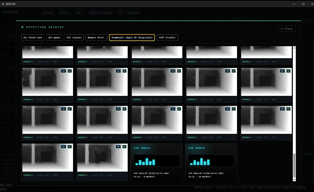 SPECTER detection archive: a grid of captured detections with 3D badges and EVP audio cards, filterable by run, mode, and class.
