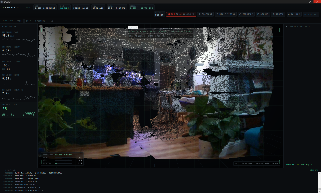 SPECTER identifying a chair and potted plants with confidence scores over a live 3D reconstruction and Anomaly Index.