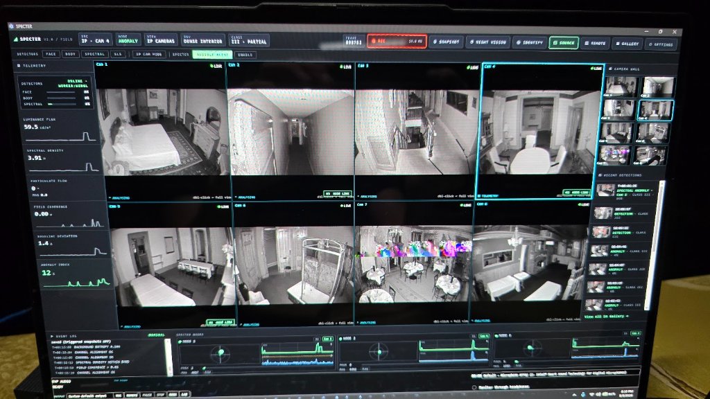SPECTER running live anomaly detection across all 8 Lorex security camera feeds at once, with telemetry sparklines and a recent-detections rail alongside.