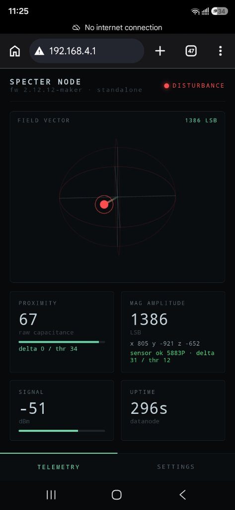 SPECTER Node on-device page in a phone browser: a 3D field-vector visualization, raw proximity capacitance, magnetometer amplitude and XYZ vector, signal strength, and uptime.