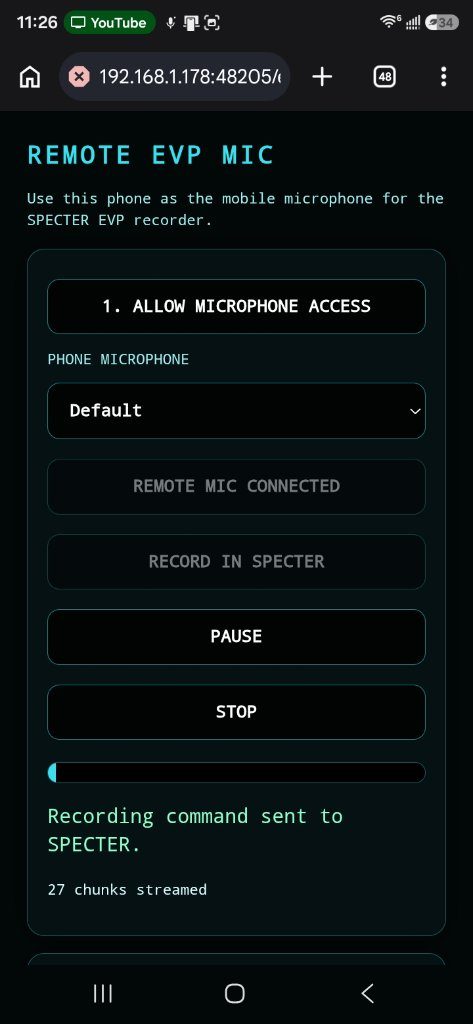 SPECTER Remote EVP Mic page in a phone browser: allow microphone access, pick the phone microphone, and record into SPECTER with a live count of chunks streamed.