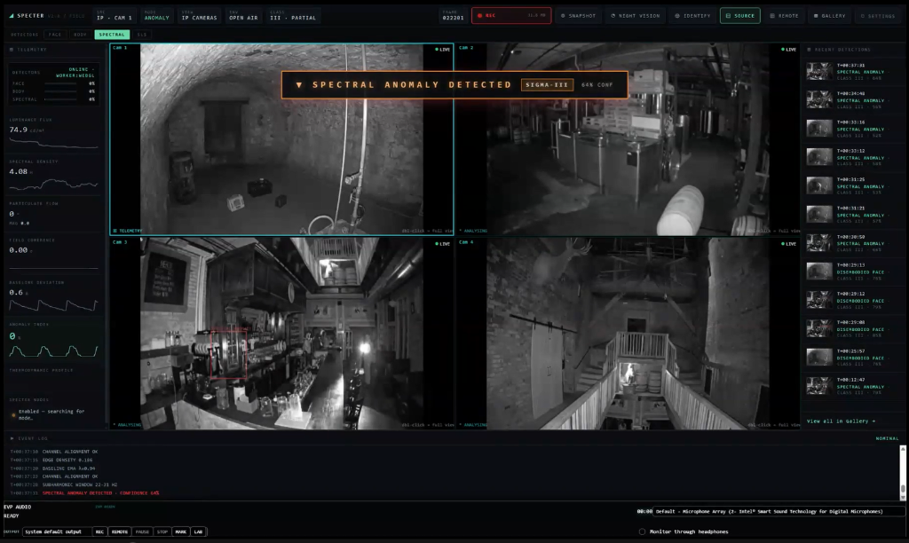 SPECTER security camera wall monitoring multiple camera feeds with detection overlays.